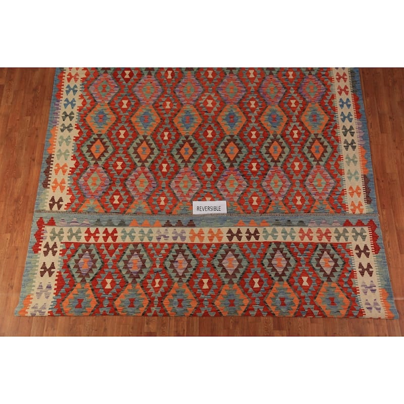 All-Over Orange Kilim Oriental Area Rug Hand-Woven Wool Carpet - 9'5"x 11'2"