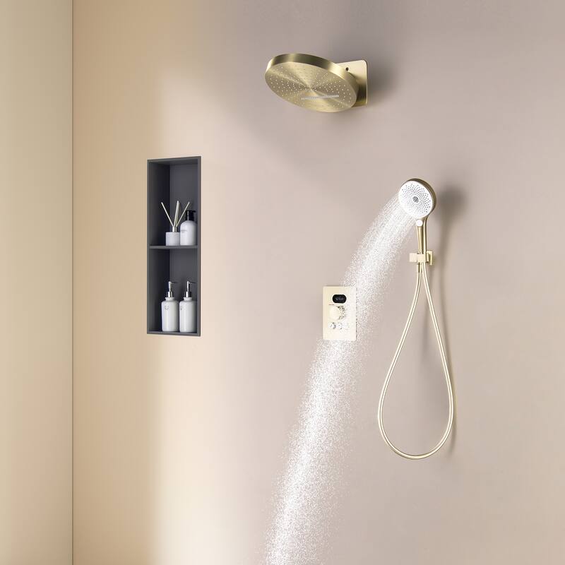 Wall Mounted Thermostatic Shower Faucet with Hand Shower Brushed Gold Rain Waterfall Complete Shower System with Brass Valve