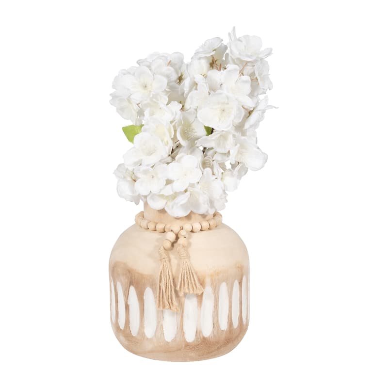 Sagebrook Home Wood, 8" Round Ridged Vase With Tassels, Round, 8"H, Ridged