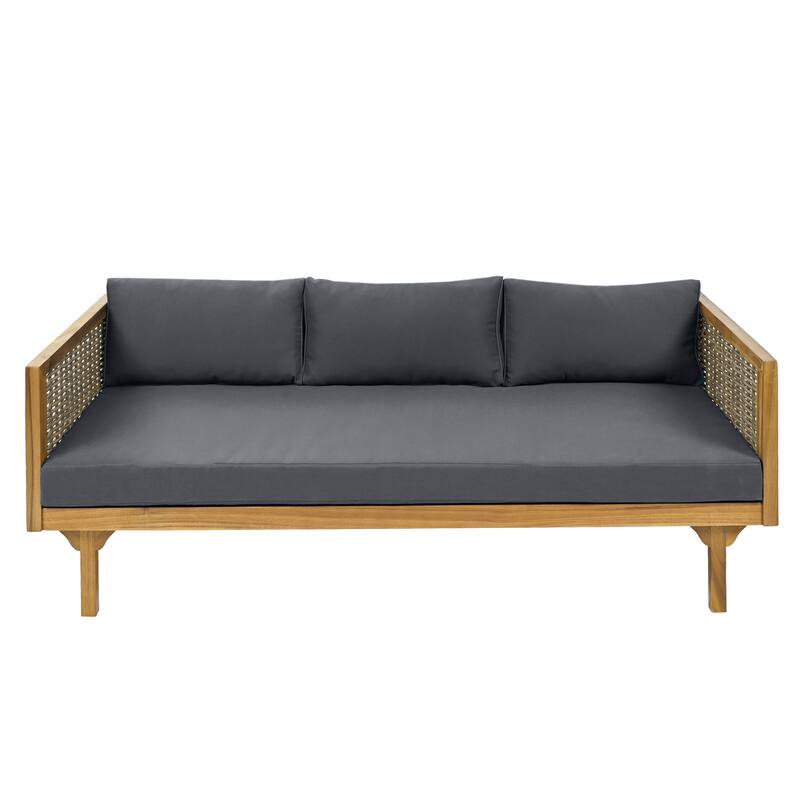 Acacia Wood Daybed with Rattan Arms Slat Paneling and Water Resistant Cushions