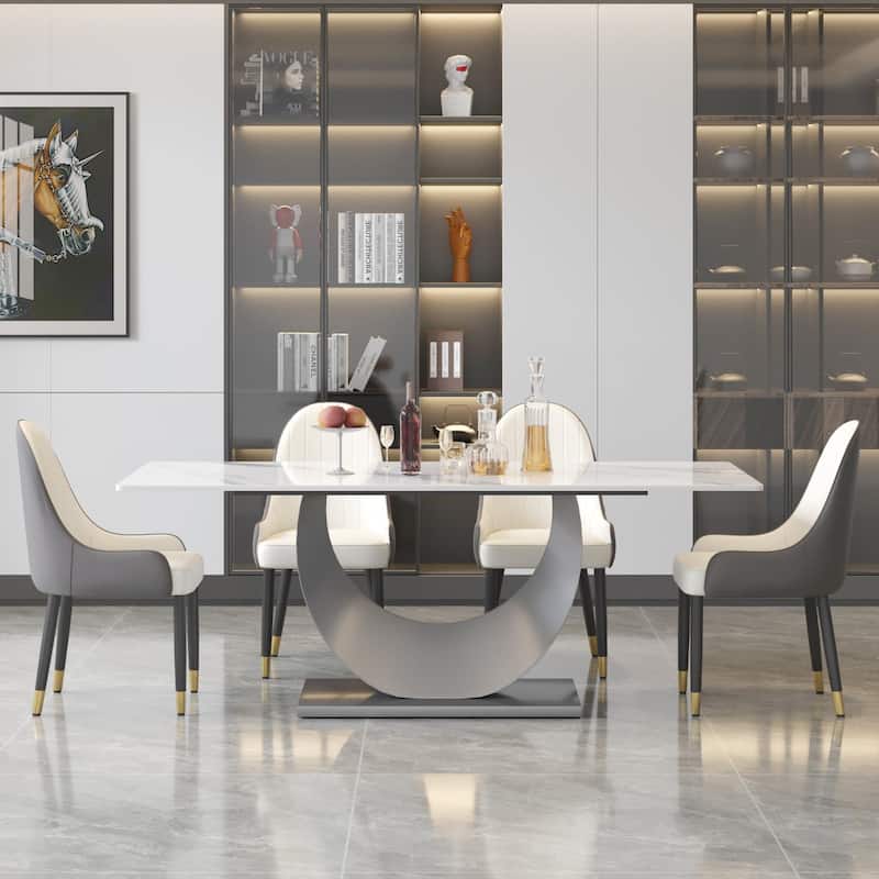 79" Marble Dining Table for 10, Modern Rectangle Kitchen Table with U Shape Pedestal Base