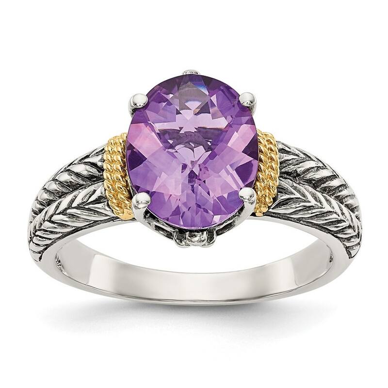 Curata 925 Sterling Silver Polished Prong set With 14k Amethyst Ring
