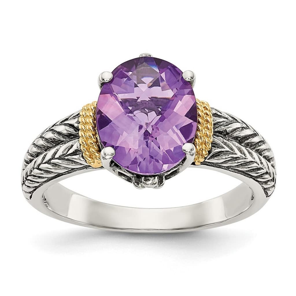 Curata 925 Sterling Silver Polished Prong set With 14k Amethyst Ring