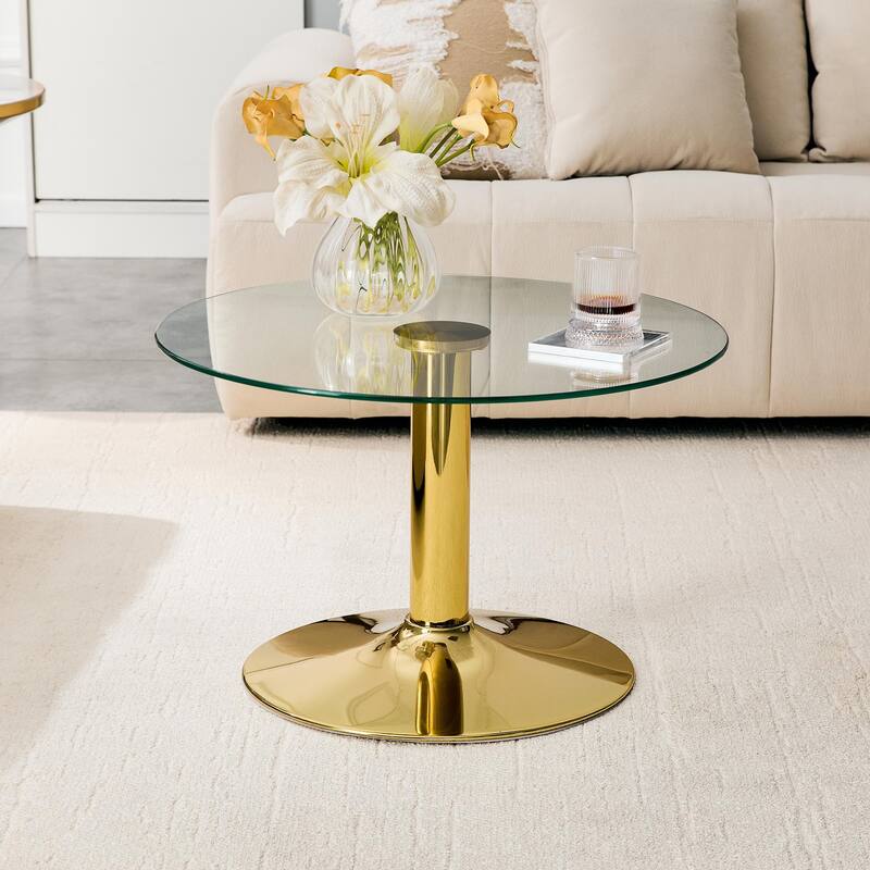 Roomfitters 27.5-Inch Round Tempered Glass Coffee Table, Metal Base, Circular Center Table, Modern Minimalist