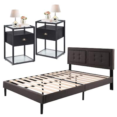 VECELO 3-pieces Upholstered Bedroom Set with Height Adjustable Headboard and Nightstands Set of 2