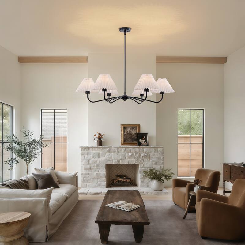 Starsky 6-Light Chandelier with Pleated Fabric Shades Handmade Black & Gold for Dining Room, Kitchen, Living Room and Foyer