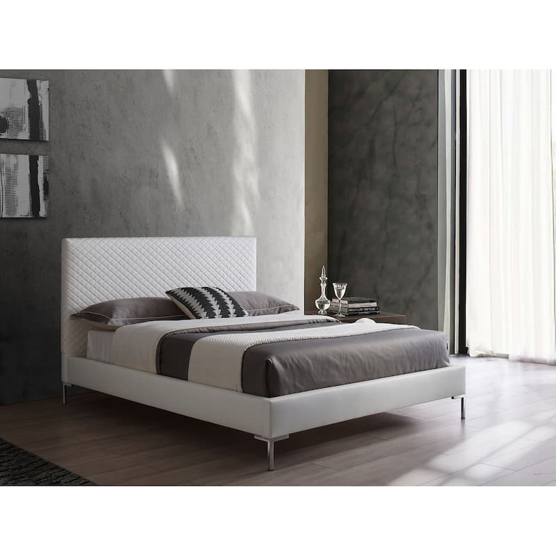 Full Size Bed Frame - Rustic Refinement Upholstered White Faux Leather with Chrome Legs
