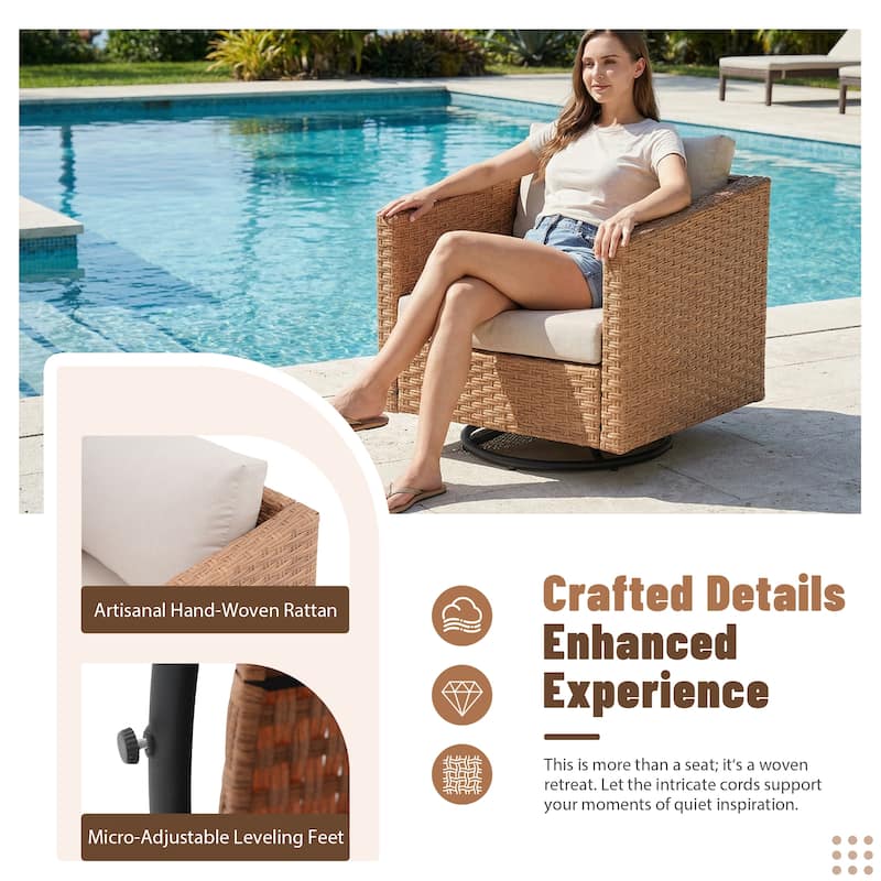 4-Piece Outdoor Conversation Set with Swivel Chair and 3-Seater Sofa with Soft Cushion and Coffee Tables PE Wicker Rattan