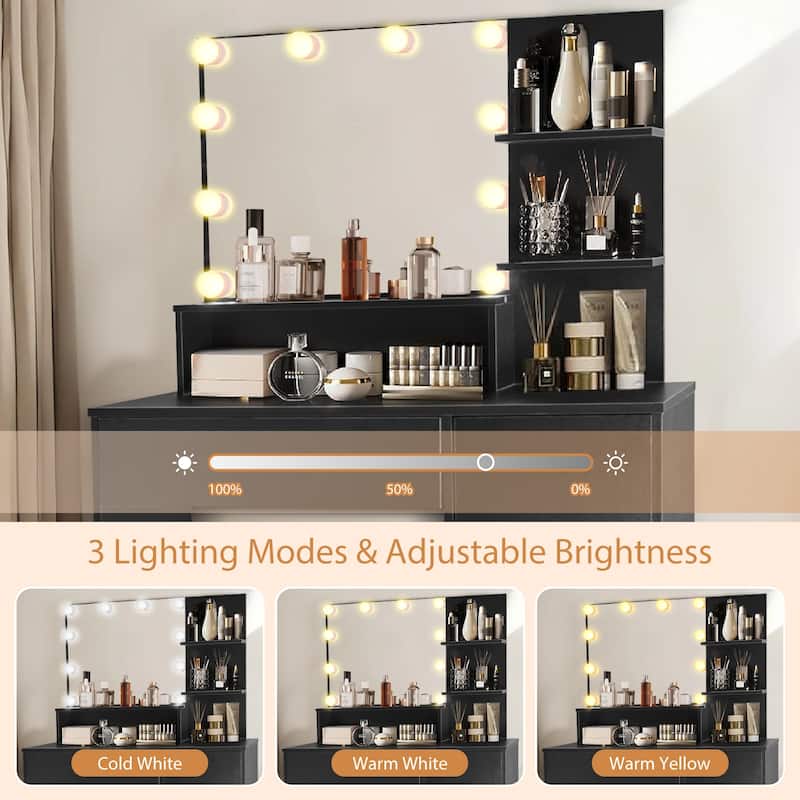 Vanity Desk with Mirror and Lights,with Drawer & Storage Cabinet,3 Lighting Modes Adjustable Brightness,with Open Shelves