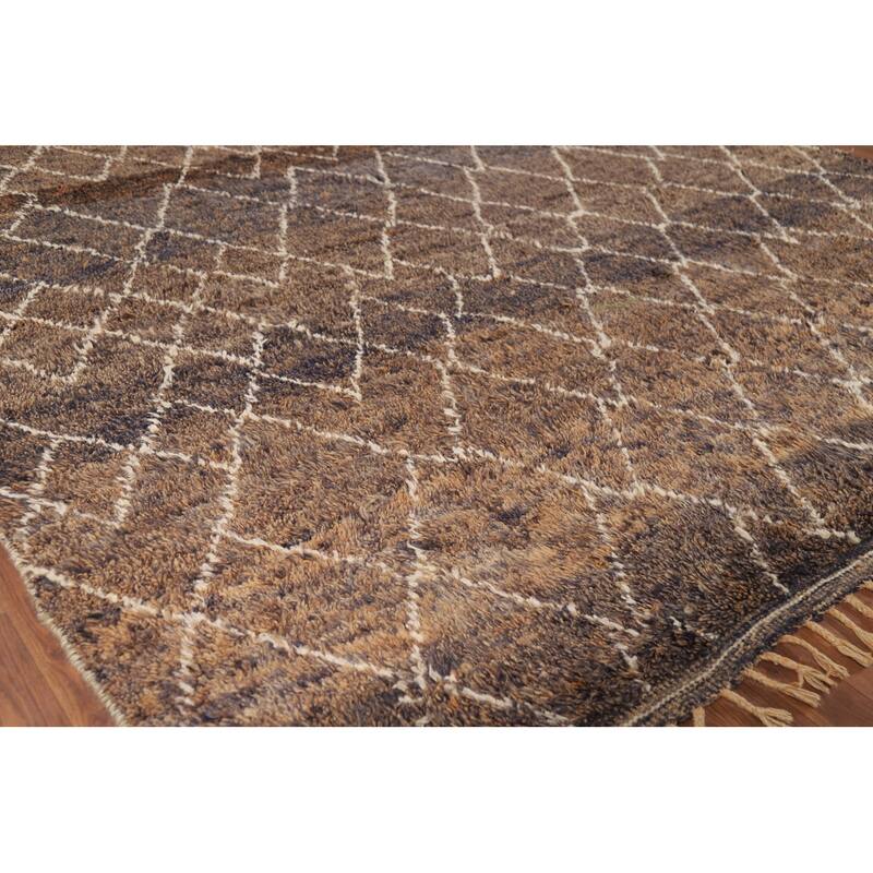All-Over Brown Moroccan Area Rug Hand-Knotted Wool Carpet - 8'1" x 10'11"