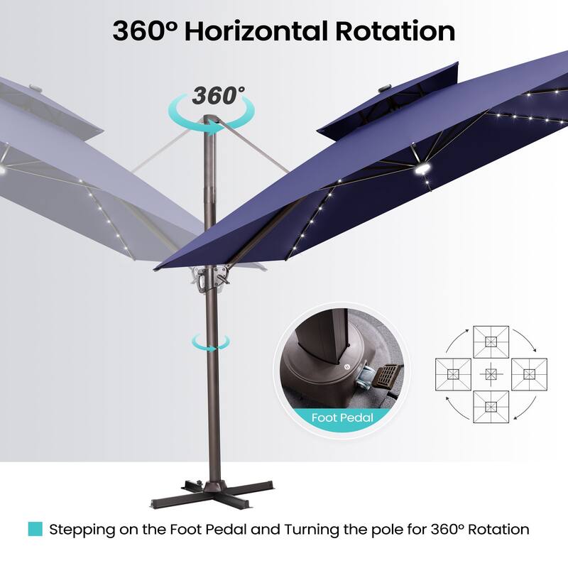 11 FT Outdoor Solar Powered LED Patio Cantilever Umbrella Double Top Square Umbrella