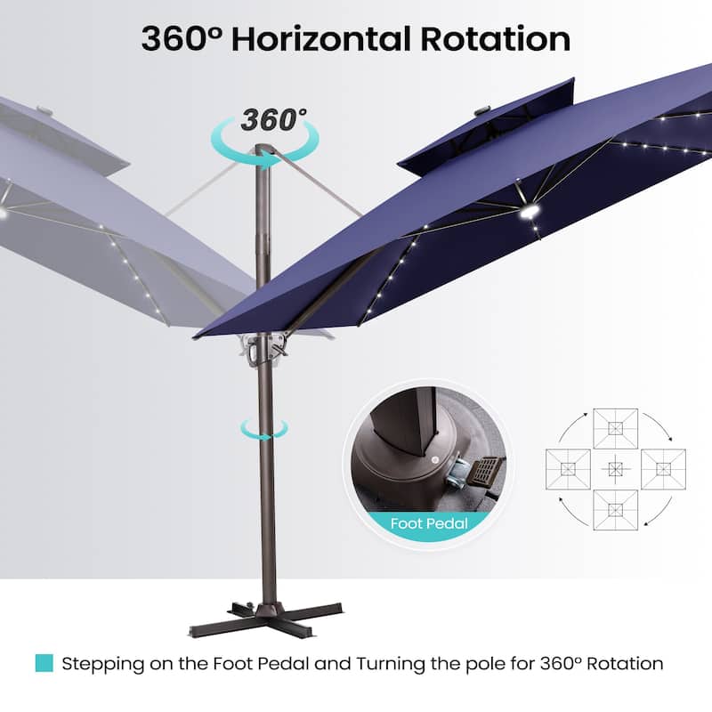 11 FT Solar-Powered LED Patio Cantilever Umbrella with Double Canopy and Base