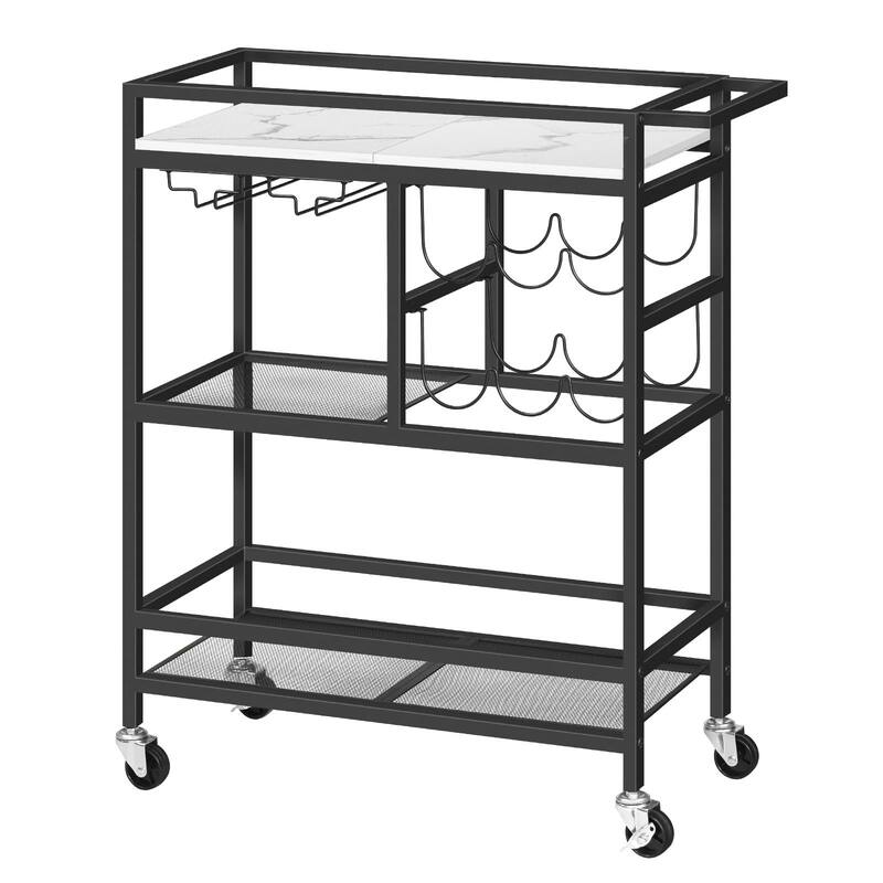 3-Tier Home Bar Serving Cart with Handle, Wine Rack, and Glass Holders - Marble & Black
