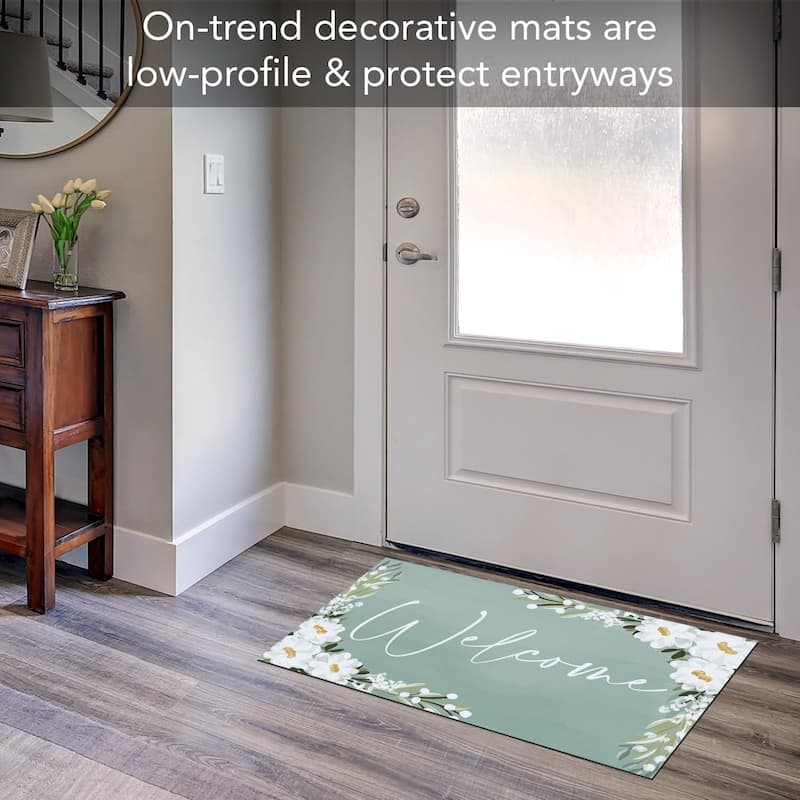 Floral Welcome Indoor/Outdoor Entryway Floor Mat Made in The USA Low Profile, Non-Skid Rubber Backing, 29.5" by 17.75" - 2' x 3'