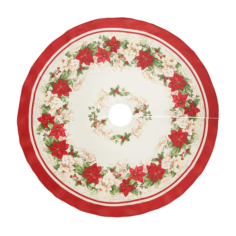 Red and White Poinsettias Christmas Tree Skirt - 48"x48"