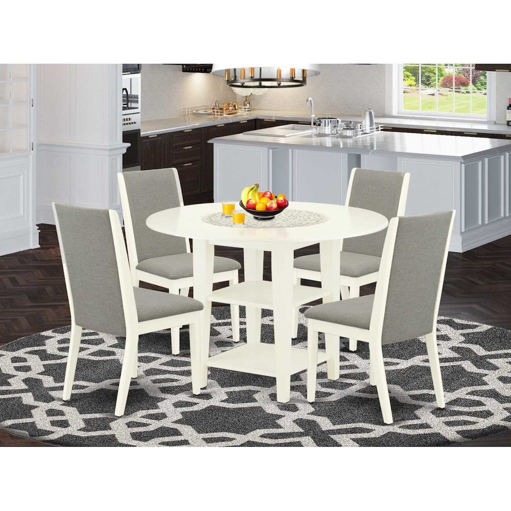 HomeStock 5-Piece Round Linen White Finish Solid Wood Top Dining Table with 4 Parson Chair