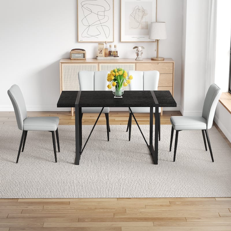 Kitchen Dining Table Set for 4-6 People, Rectangular Wooden Table with Faux Leather Dining Chairs - Black+Light Gray - 5-Piece