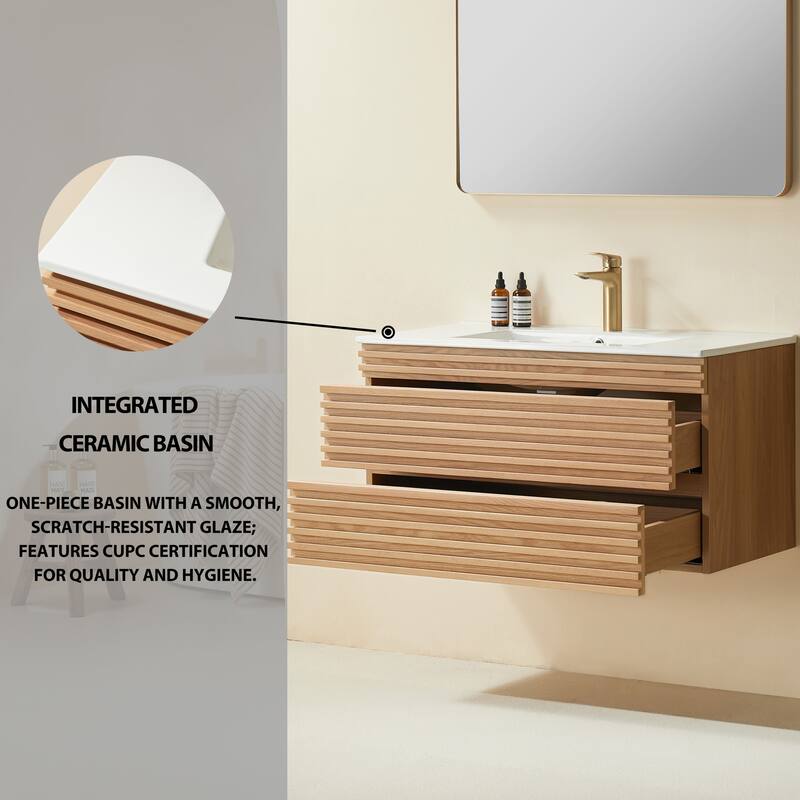 Modland 36" Wall Mount Bathroom Vanity with Ceramic Sink - 2 Soft-Close Drawers,Silk Mist Oak - 36 inch