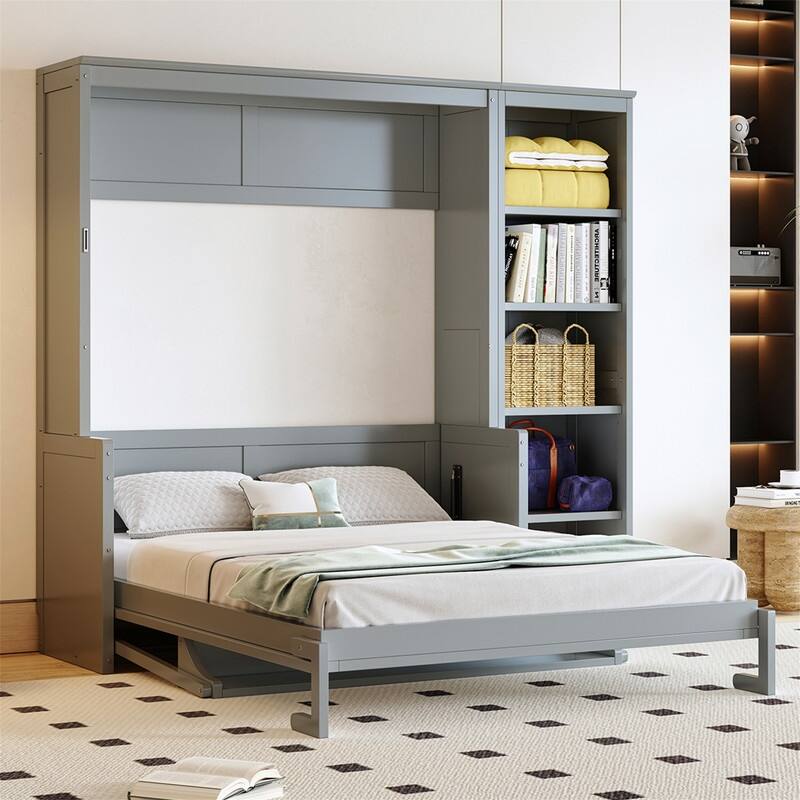 Full/Queen Size Murphy Bed with Bulit-in Desk and Bookshelf, Foldable Murphy Cabinet Bed with Open Storage Shelves - Grey - Full
