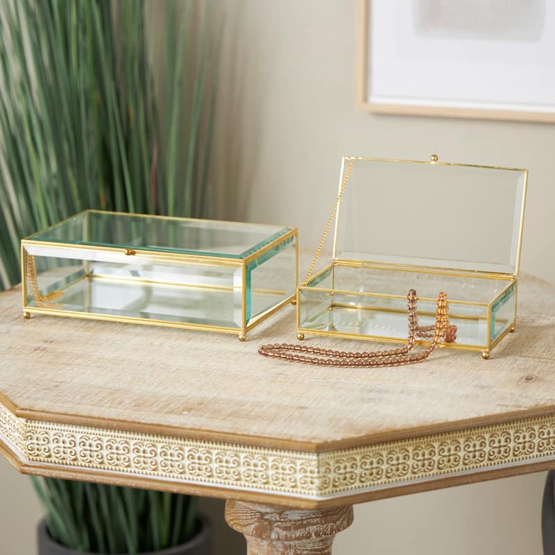 Clear Glass Beveled Decorative Jewelry Box with Gold Metal Frame and Chain Accent (Set of 2) - Clear
