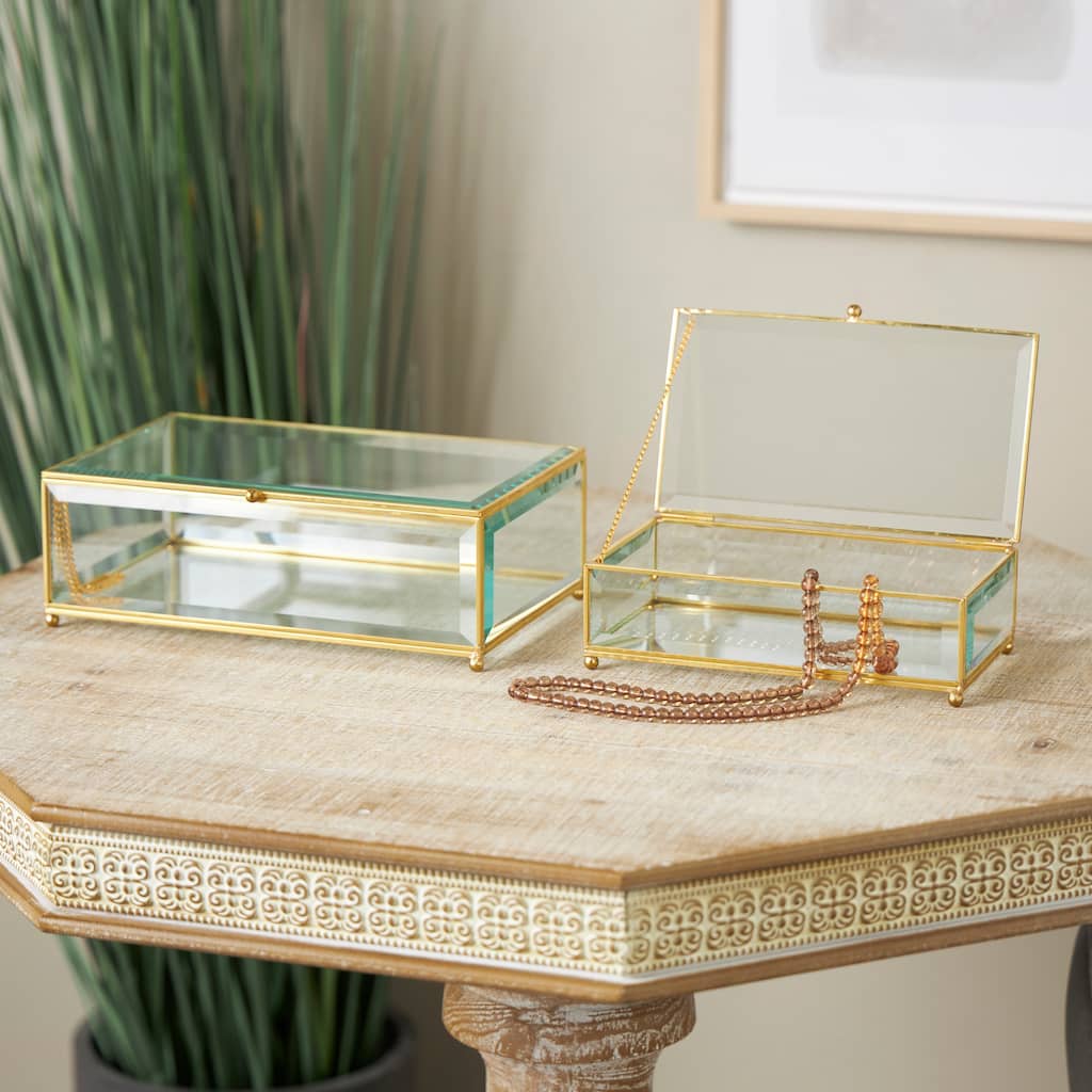 Clear Glass Beveled Decorative Jewelry Box with Gold Metal Frame and Chain Accent (Set of 2)