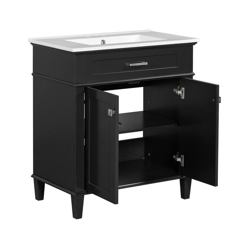 30'' Bathroom Vanity with Ceramic Sink Top, Freestanding Bathroom Vanity Cabinet with 2 Soft Close Doors and Adjustable Shelves