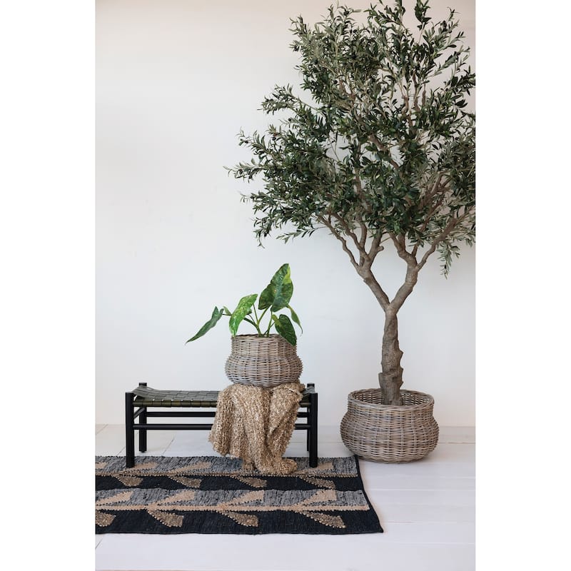 Woven Mango Wood and Buffalo Leather Bench - 39.5"L x 15.0"W x 18.0"H