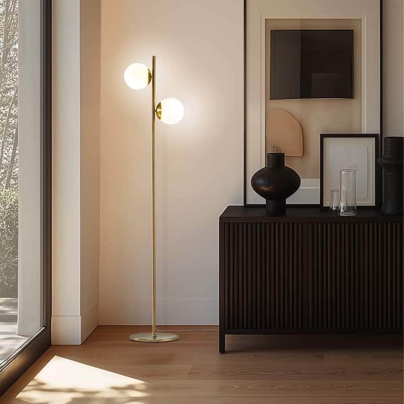 Brightech Sphere 65 in. Antique Brass Modern 2-Light LED Super Bright Floor Lamp with 2 Frosted White Glass Globe Shades