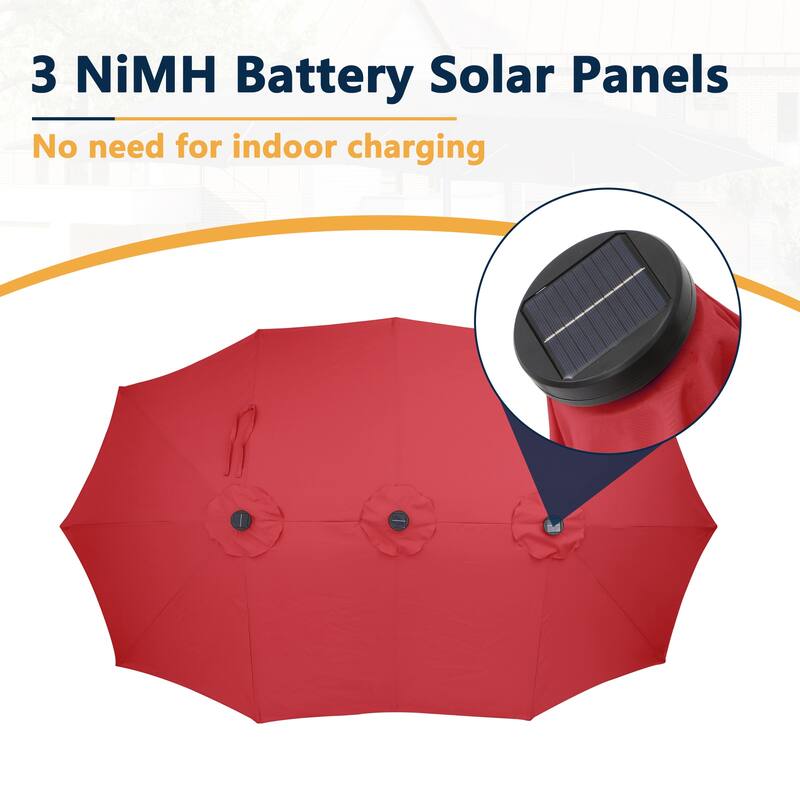 15 Ft Outdoor Solar Detachable Lights Rectangular Crank Market Umbrella with Base