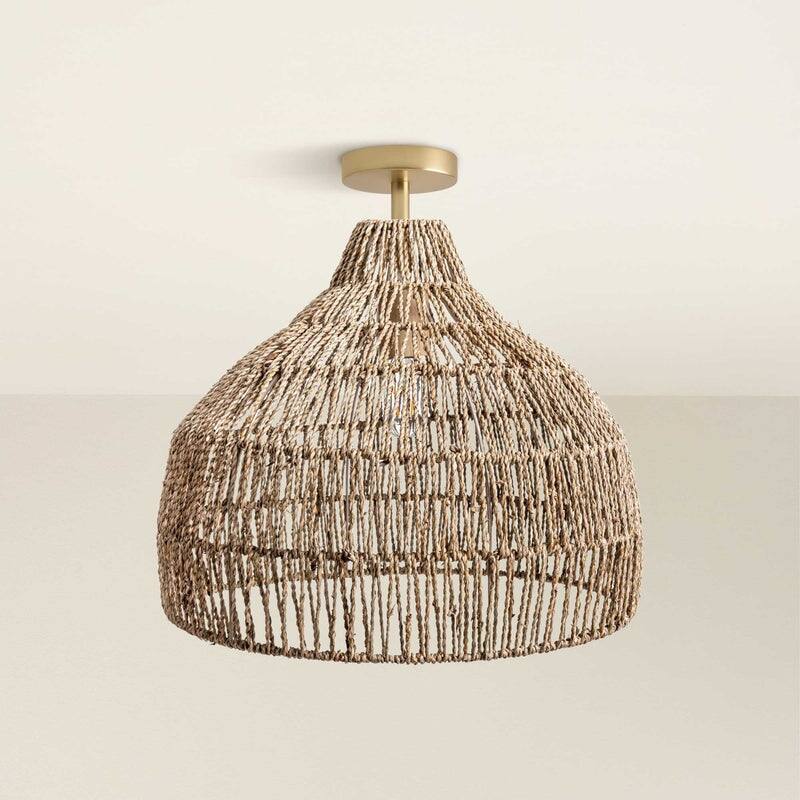 Dreamy Flush Mount Light - Palm Fibers & Brown 1-Light Dome Ceiling Light for Bedroom or Hallway in Modern, Mid-Century Style