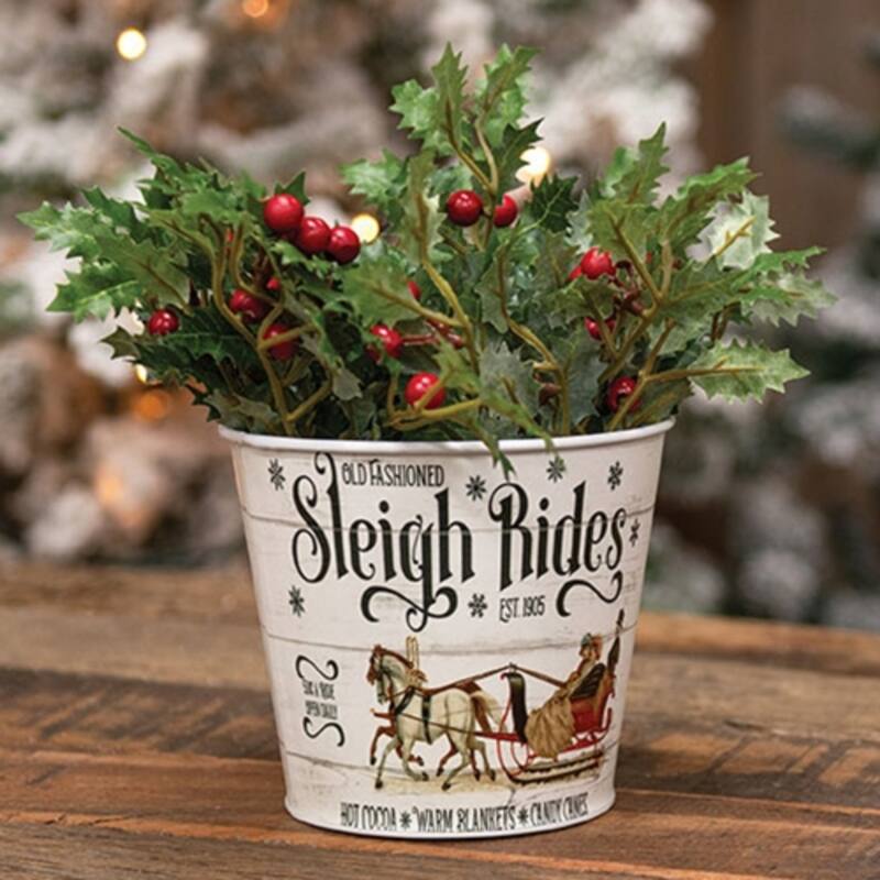 Old Fashioned Sleigh Rides White Metal Bucket Vintage Decor