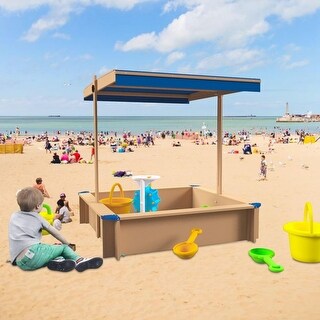 Wooden Sandbox w/Adjustable Canopy,Children's Wooden Sandbox with Covers