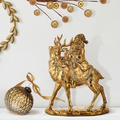 12" Resin Santa With Deer Table Piece