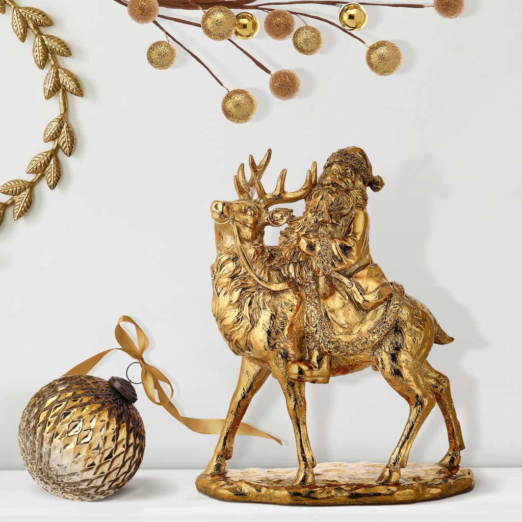 12" Resin Santa With Deer Table Piece