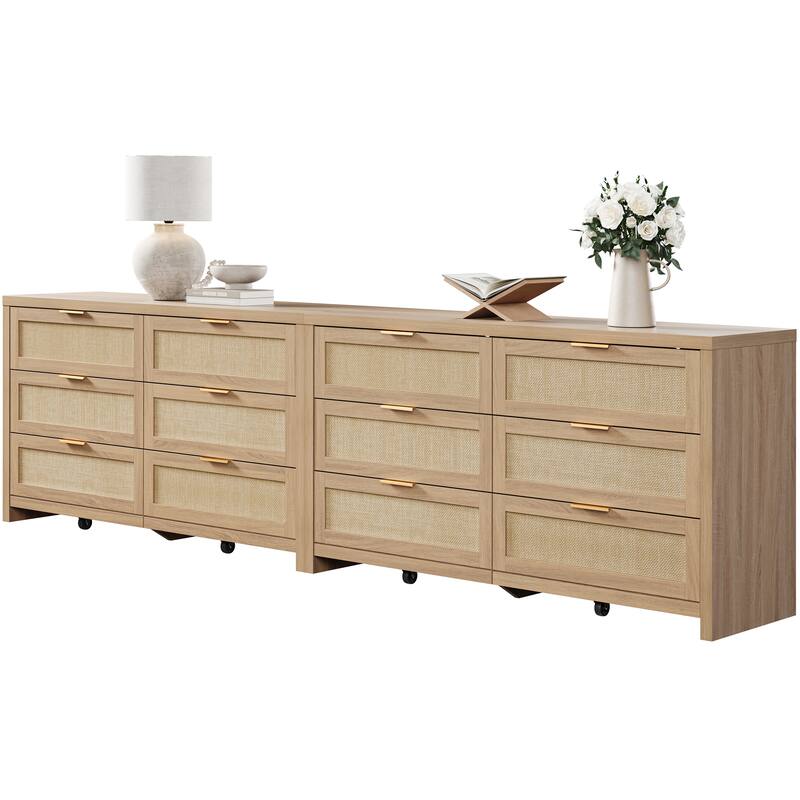 Set of 2 Elegant Right Angled Dresser with 6 Rattan Woven Drawers - Light Oak
