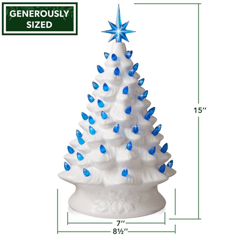 15in White Ceramic Christmas Tree Hand Painted PreLit with Star