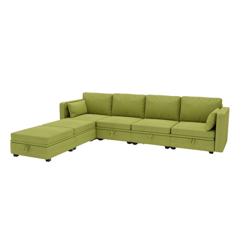Linen Fabric U Shaped Modular Couch Set with Ottomans and Storage Seats
