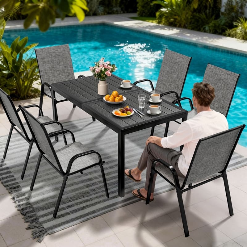 6-Person Patio Dining Set, Textilene Stackable Chairs and Rectangular Table with Umbrella Hole