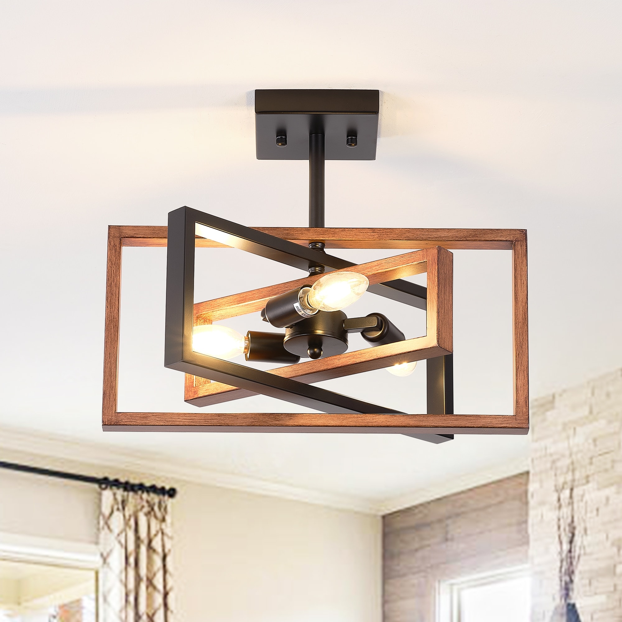 Zjvaive 3-Light Rectangular Semi Flush Mount Ceiling Light Farmhouse Metal Cage Light Fixture