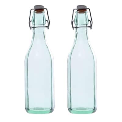 Amici Home Set of 2 Italian Recycled Green Faceted Hermetic Bottles