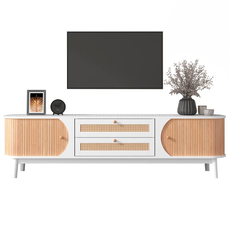 Rattan TV Stand for TVs up to 75'',Entertainment Center Media Console with Solid Wood Legs