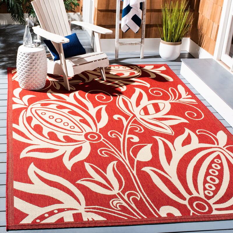 SAFAVIEH Courtyard Leatrice Indoor/ Outdoor Patio Backyard Rug - 9' x 12' - Red/Natural