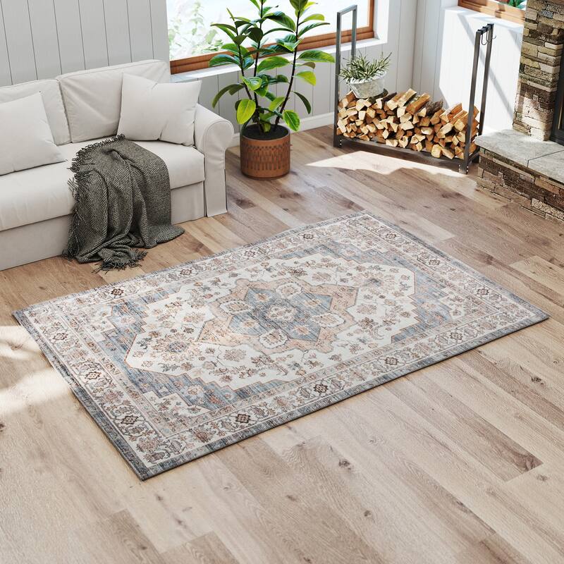 HOMCOM 4x6 Area Rug, Vintage Machine Washable Rug, Non-Slip Floor Carpet for Living Room, Bedroom, Dining Room, Home Office