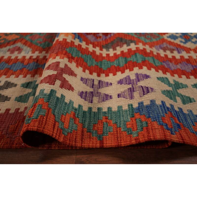 Orange Geometric Kilim Oriental Large Rug Flatweave Wool Carpet - 10'1" x 16'3"