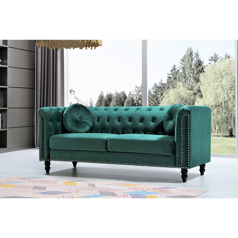 Vivian Classic Velvet Kittleson Nailhead Chesterfield Sofa - Green