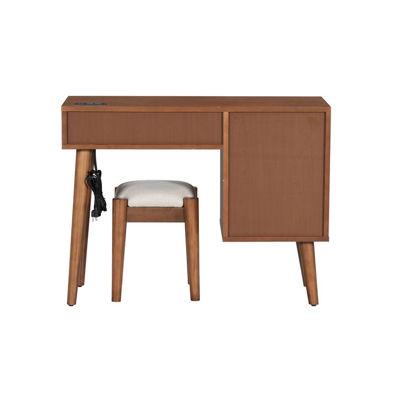 39" Retro Bohemian Style Wooden Makeup Vanity Set with Charging Plug&USB Port and Stool - Walnut