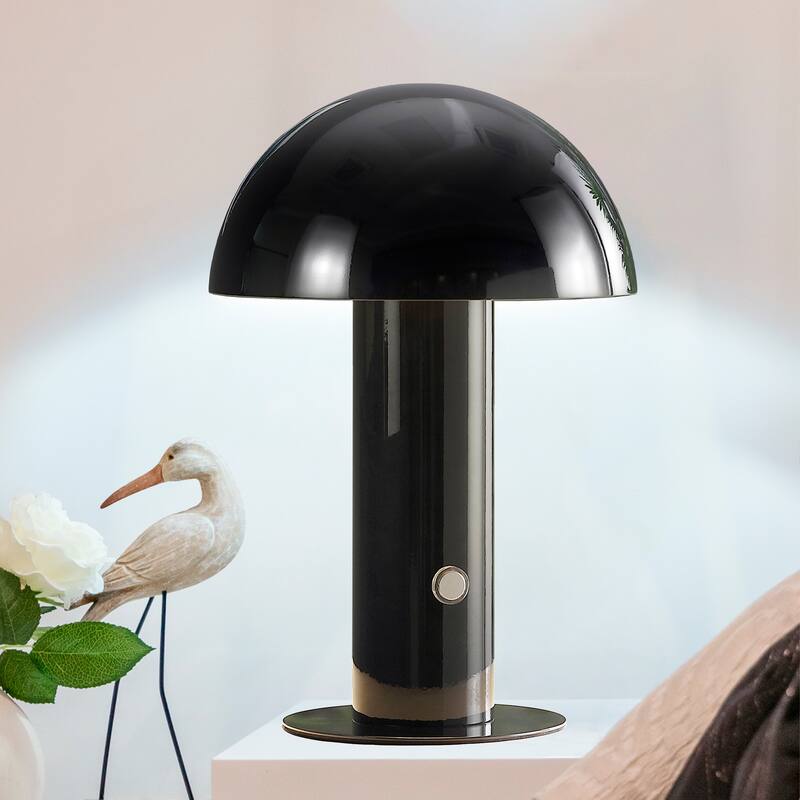 Porcini 10.75" Contemporary Bohemian Rechargeable/Cordless Iron Integrated LED Mushroom Table Lamp, by JONATHAN Y