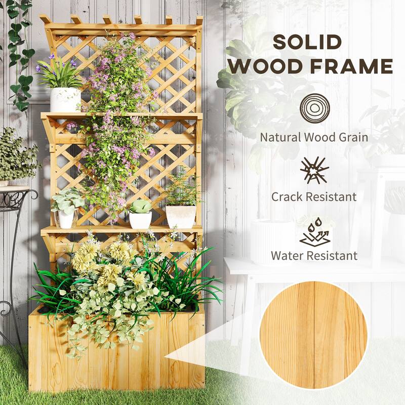 Outsunny Raised Garden Bed with Trellis and Wheels, Outdoor Wooden Elevated Planter Box, Freestanding Raised Flower Bed