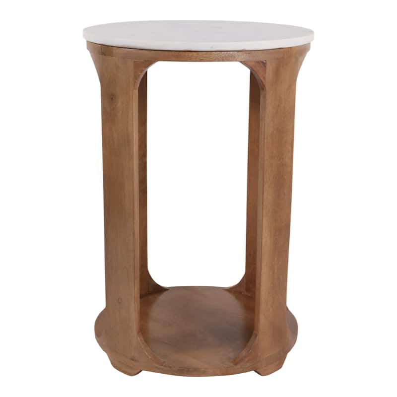 Modern Round Stone Top Accent Table with Wood Base - 22", Brown