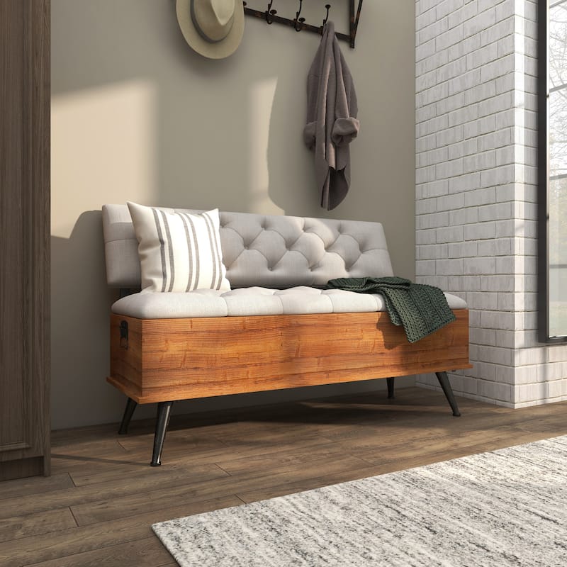 White Fabric Storage Bench with Cream Tufted Seat and Back